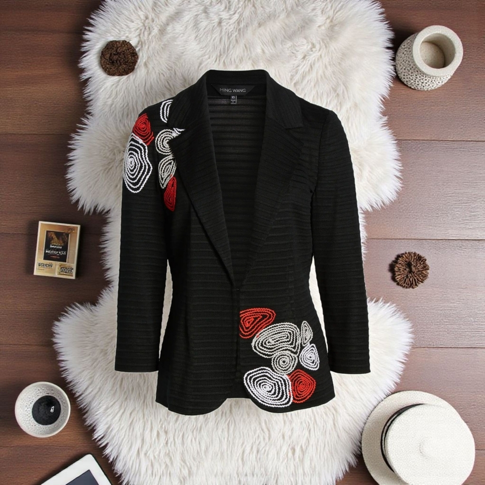 Ming Wang Black Blazer with Red and White Embroidery Sz Large